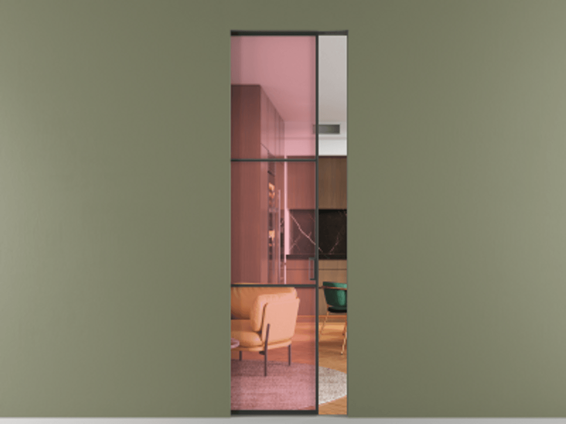 Перегородка Formato скрытый пенал 1 створка АЛПР 040.03 Алюминий Черный Прозрачное розовое стекло, триплекс Цена 951600 ₸ | Volhovec