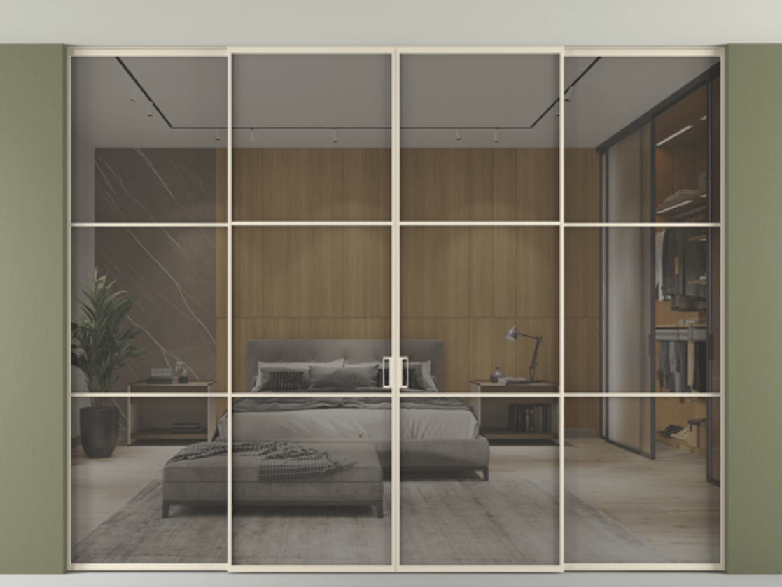 Перегородка Формато внутри проёма скрытое крепление в потолок 4 створки АЛПР 040.03 Алюминий бежево-серый Рефлективное серое стекло "Стопсол", калёное Цена 4196858 ₸ | Volhovec