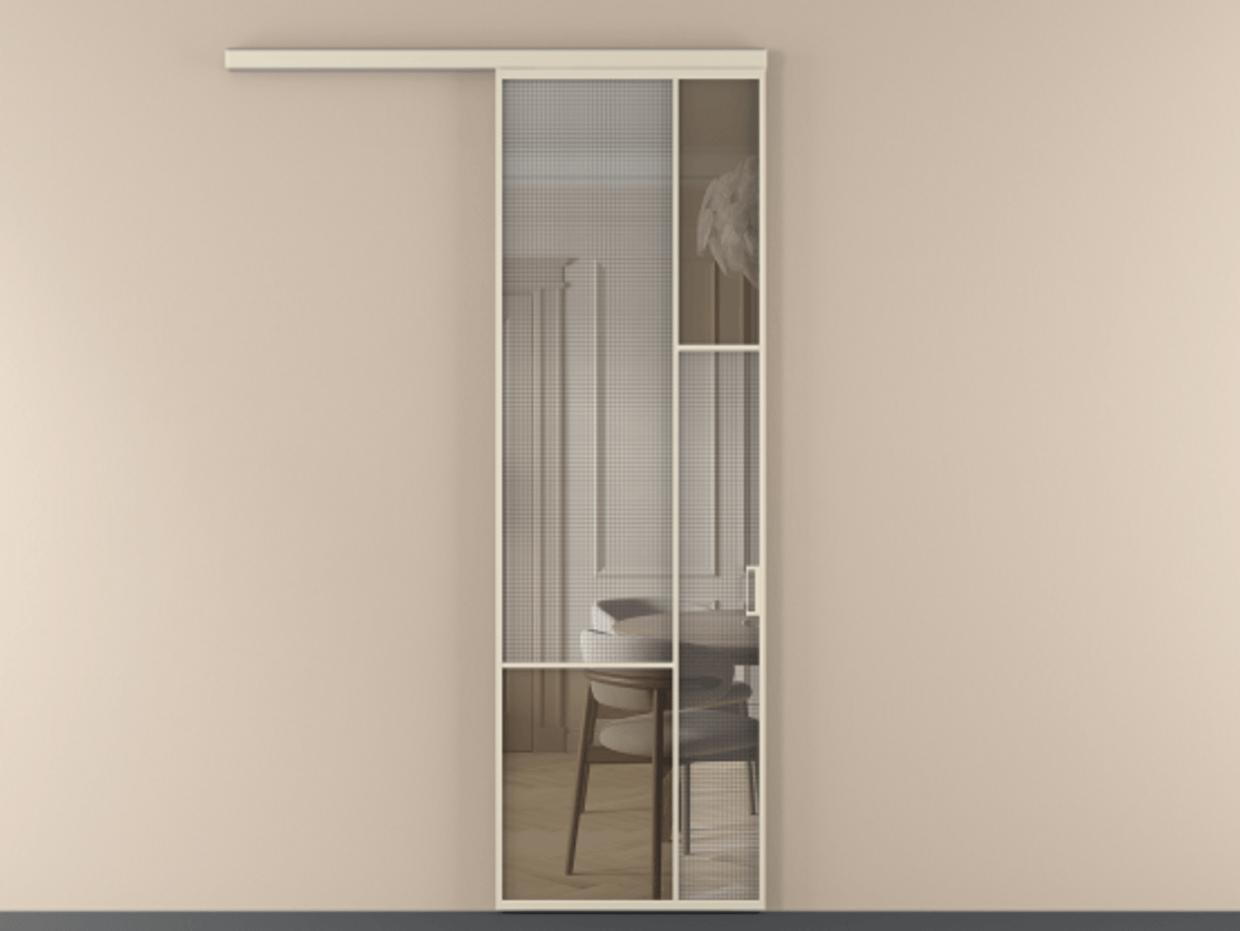 Перегородка Mosaic вдоль стены 1 створка АЛПР 041.12 Алюминий бежево-серый Декоративное стекло с сеткой "Mesh silver", триплекс, 6 мм + Прозрачное бронзовое стекло, триплекс Цена 892510 ₸ | Volhovec