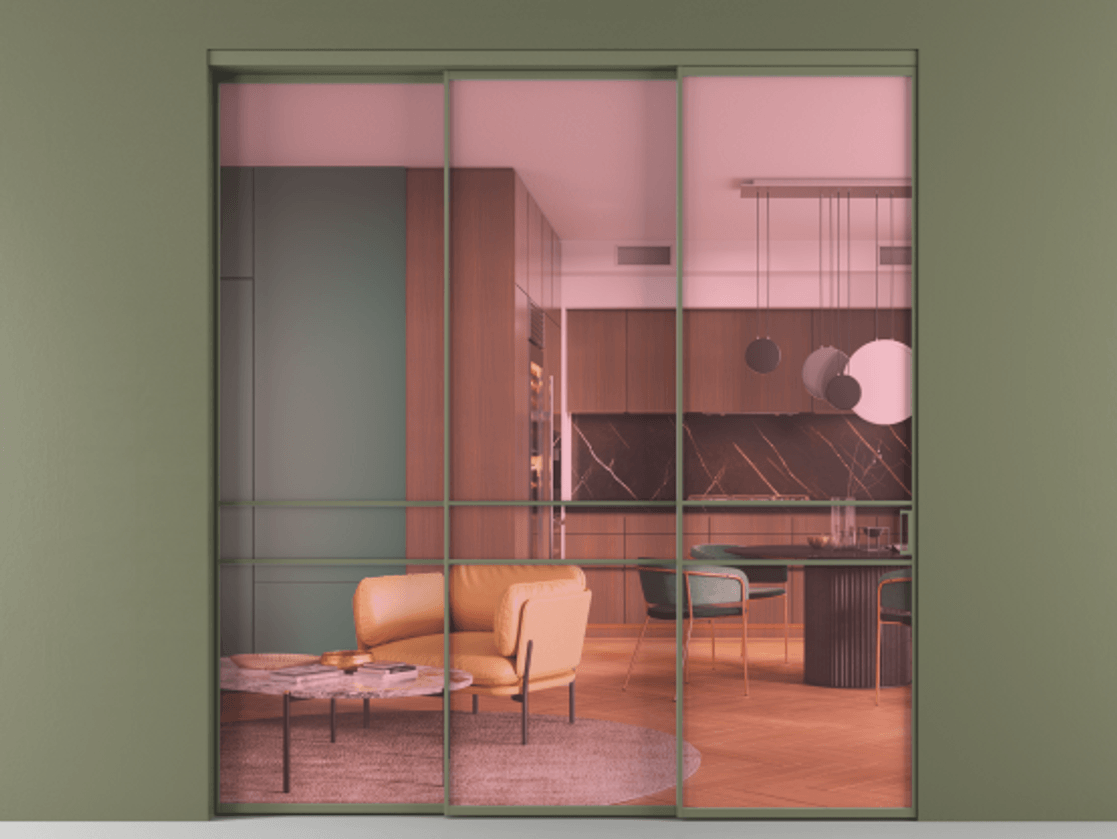 Перегородка Формато внутри проёма 3 створки с синхронным механизмом АЛПР 040.02 Алюминий оливковый тёмный Прозрачное розовое стекло, триплекс Цена 2604722 ₸  | Volhovec