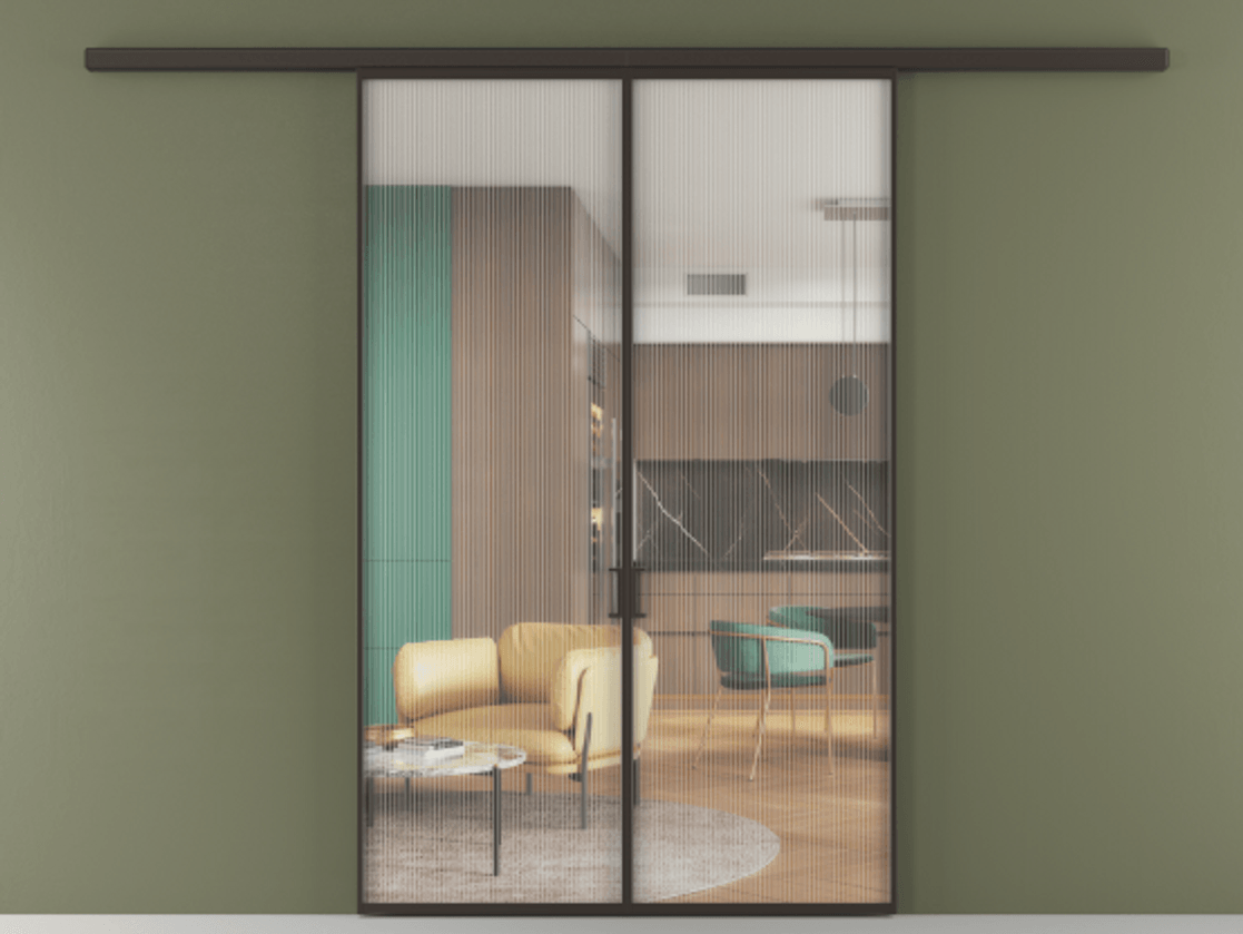 Перегородка Формато вдоль стены 2 створки АЛПР 040.01 Алюминий антрацит Рифлёное стекло "Мору", триплекс Цена 1507086 ₸ | Volhovec