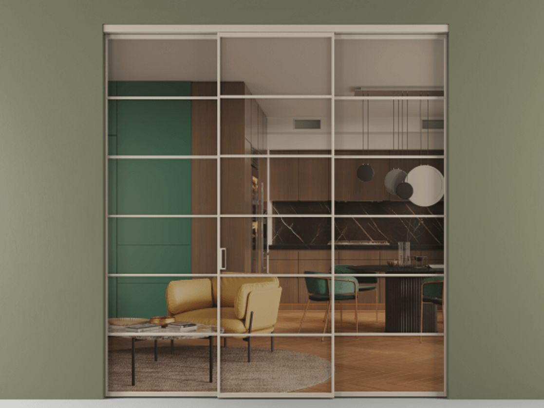 Перегородка Формато внутри проёма 3 створки АЛПР 040.04 Алюминий бисквитный Прозрачное бронзовое стекло, триплекс Цена 1926477 ₸ | Volhovec