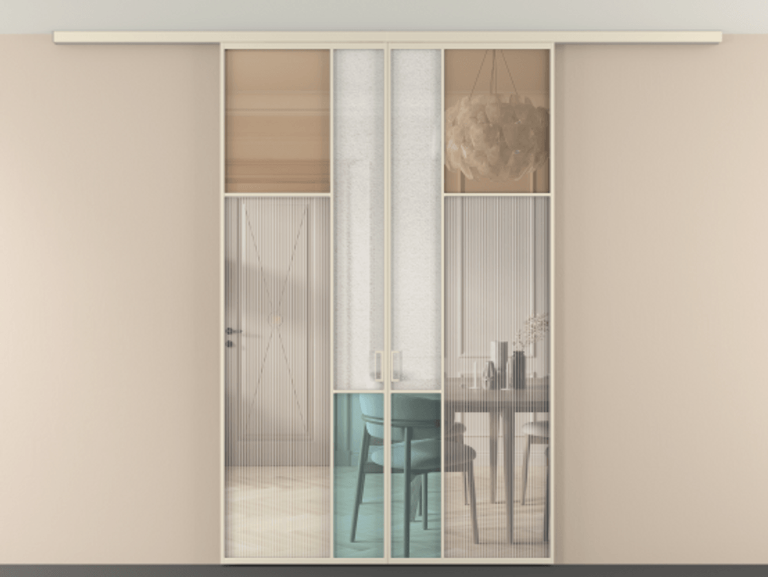 Перегородка Mosaic вдоль стены на потолок 2 створки АЛПР 041.11 Алюминий бежево-серый Комбинация стекол Группы 1 и Группы 3 Цена 1715900 ₸ | Volhovec