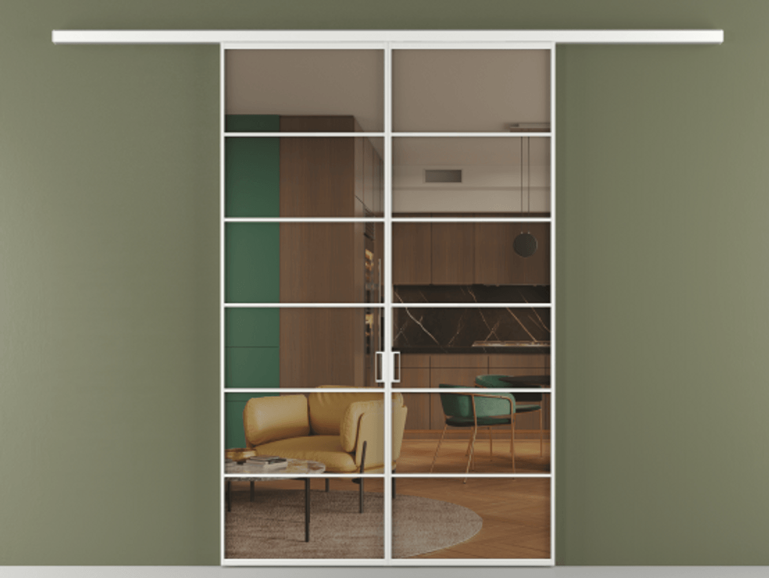 Перегородка Формато вдоль стены 2 створки АЛПР 040.04 Алюминий белоснежный Прозрачное бронзовое стекло, триплекс Цена 1566054 ₸ | Volhovec