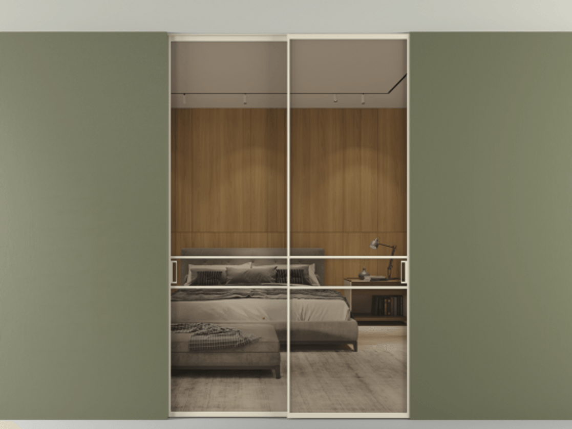 Перегородка Формато внутри проёма скрытое крепление в потолок 2 створки АЛПР 040.02 Алюминий бежево-серый Рефлективное бронзовое стекло "Стопсол", калёное Цена 2309731 ₸ | Volhovec