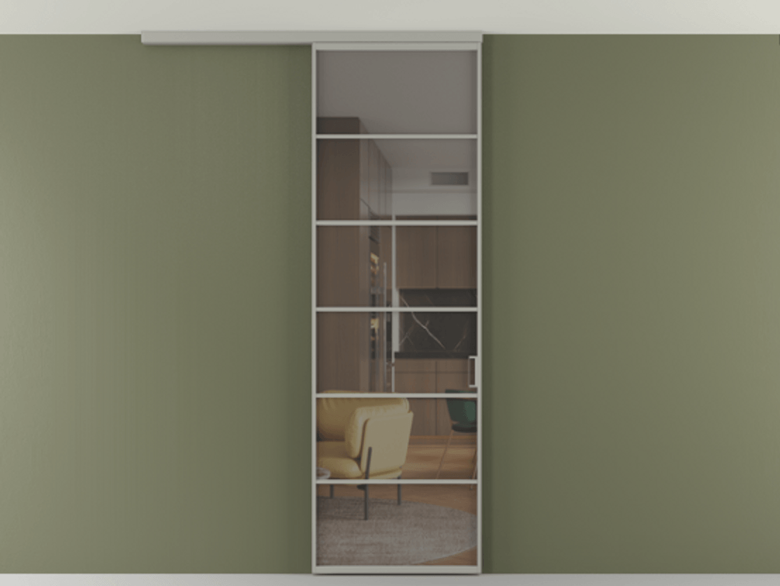 Перегородка Формато вдоль стены на потолок 1 створка АЛПР 040.04 Алюминий нейтральный серый Прозрачное серое стекло, триплекс Цена 815361 ₸ | Volhovec