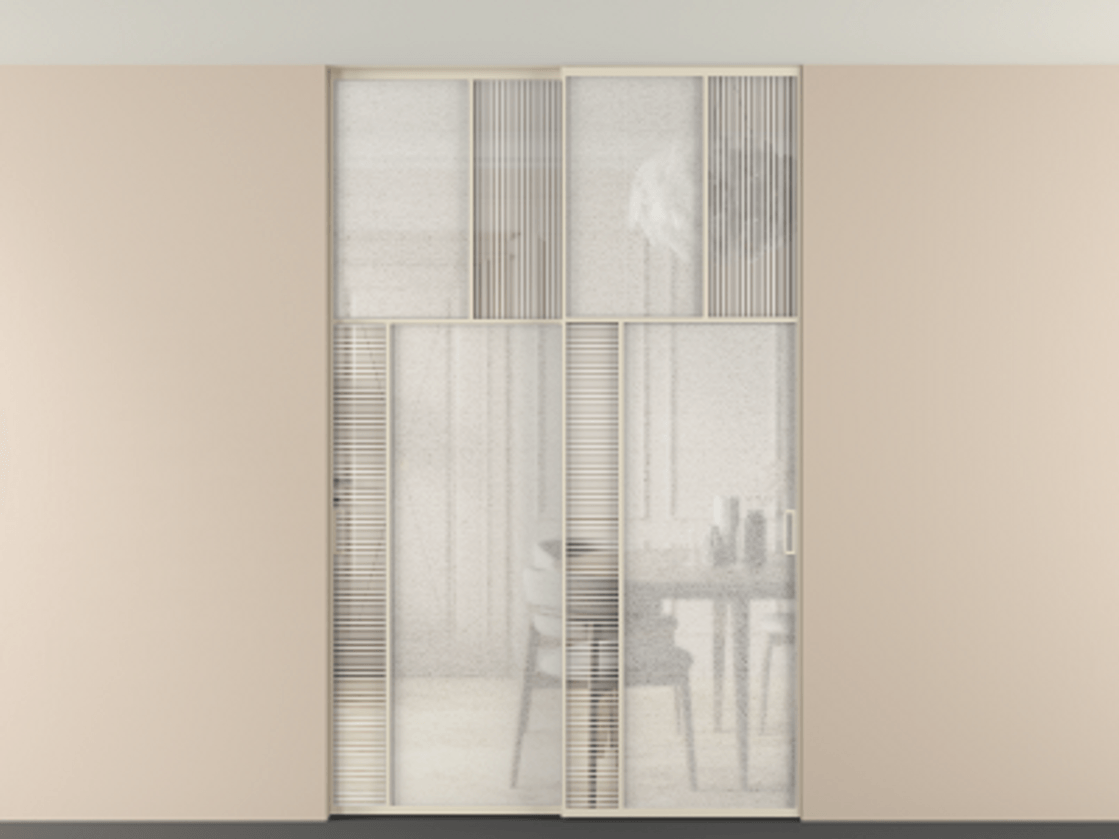 Перегородка Мозаик внутри проёма скрытое крепление в потолок 2 створки АЛПР 041.22 Алюминий бежево-серый Рифлёное стекло "Дюна", триплекс, 6 мм + Фактурное стекло "Лёд", триплекс. Цена 2574785 ₸ . Фабрика дверей Волховец 8 (800) 551 43 19 Перегородка Мозаик внутри проёма скрытое крепление в потолок 2 створки АЛПР 041.22 Алюминий бежево-серый Рифлёное стекло "Дюна", триплекс, 6 мм + Фактурное стекло "Лёд", триплекс Цена 2574785 ₸ | Volhovec