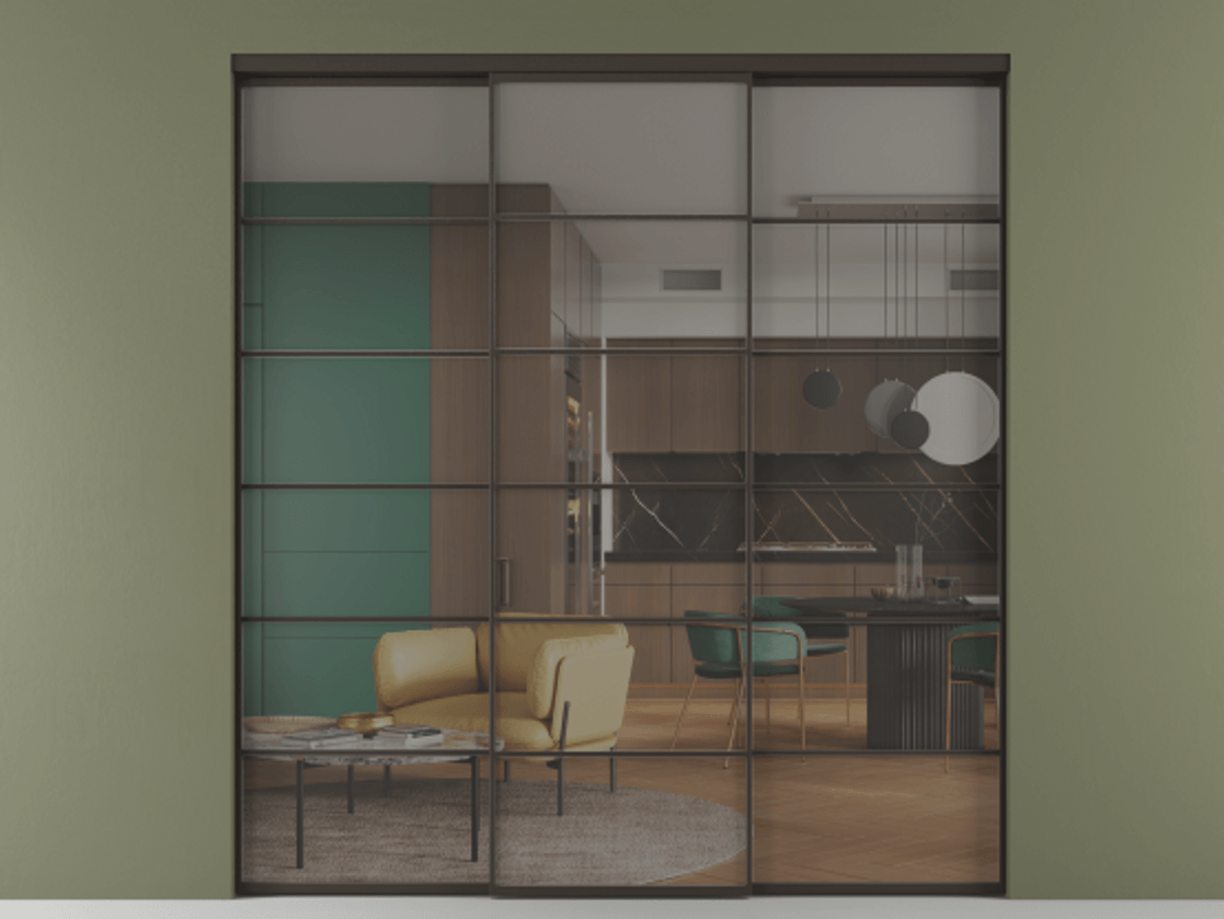 Перегородка Формато внутри проёма 3 створки АЛПР 040.04 Алюминий антрацит Прозрачное серое стекло, триплекс Цена 1926477 ₸ | Volhovec