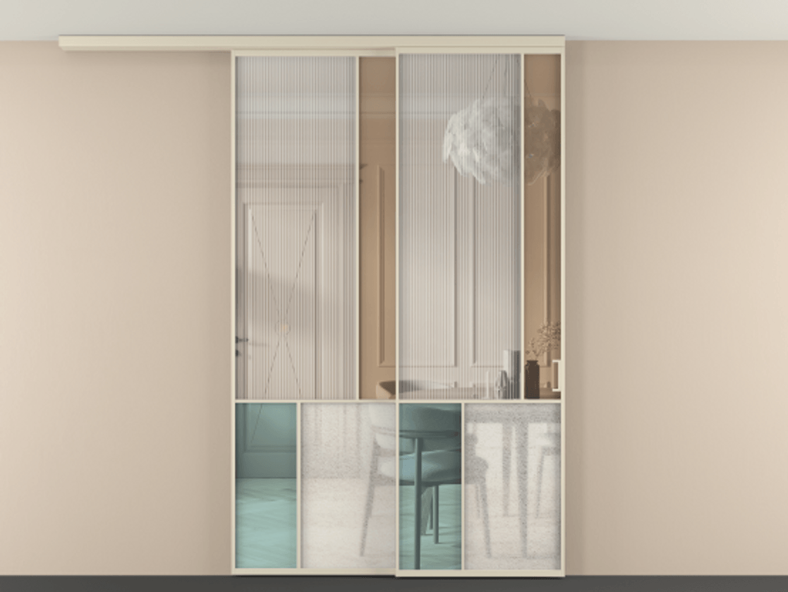 Перегородка Mosaic вдоль стены на потолок телескопик синхро 2 АЛПР 041.21 Алюминий бежево-серый Комбинация стекол Группы 1 и Группы 3 Цена 2036900 ₸ | Volhovec