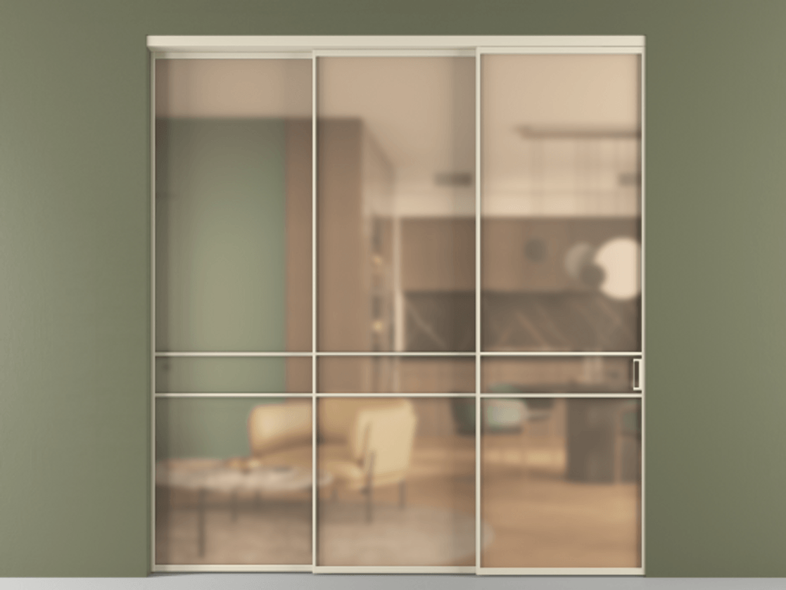 Перегородка Formato внутри проёма 3 створки с синхронным механизмом АЛПР 040.02 Алюминий бежево-серый Сатинированное оранжевое стекло, триплекс Цена 2431100 ₸  | Volhovec