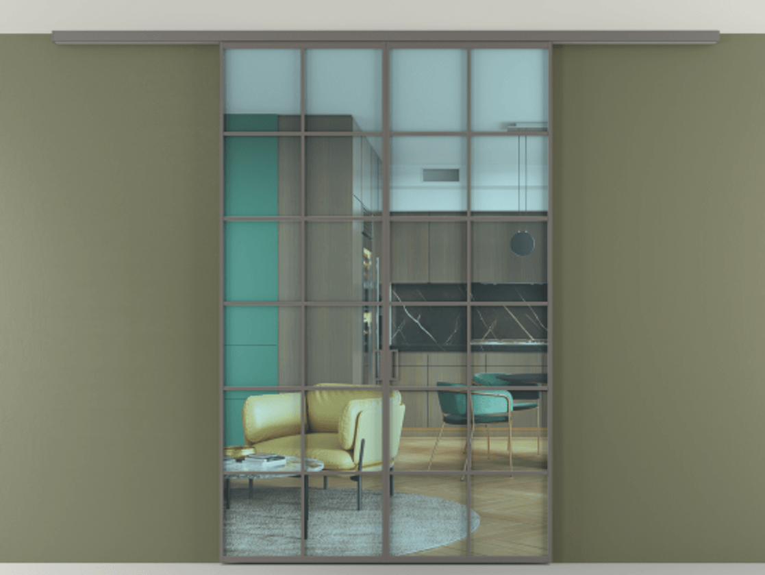 Перегородка Формато вдоль стены на потолок 2 створки АЛПР 040.05 Алюминий классический серый Прозрачное голубое стекло, триплекс Цена 1508107 ₸ | Volhovec