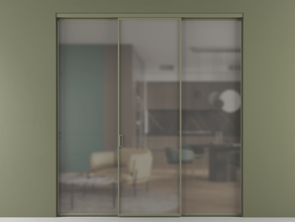 Перегородка Formato внутри проёма 3 створки АЛПР 040.01 Алюминий оливковый тёмный Сатинированное серое стекло, триплекс Цена 1701945 ₸ | Volhovec