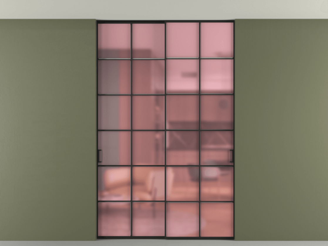 Перегородка Formato внутри проёма скрытое крепление в потолок 2 створки АЛПР 040.05 Алюминий Черный Сатинированное розовое стекло, триплекс Цена 1642100 ₸ | Volhovec