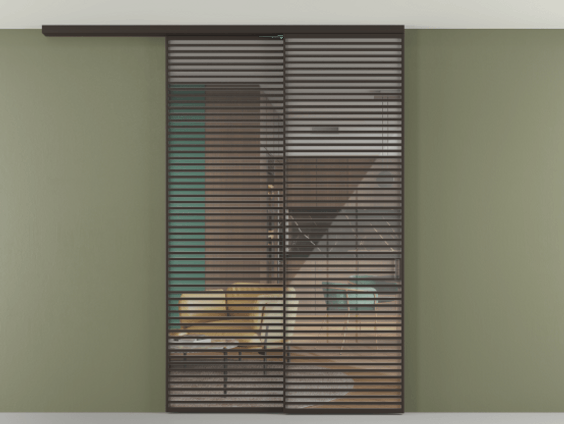 Перегородка Формато вдоль стены на потолок 2 створки с синхронным механизмом АЛПР 040.07 Алюминий антрацит Рефлективное прозрачное стекло "Стопсол", калёное Цена 3502215 ₸ | Volhovec