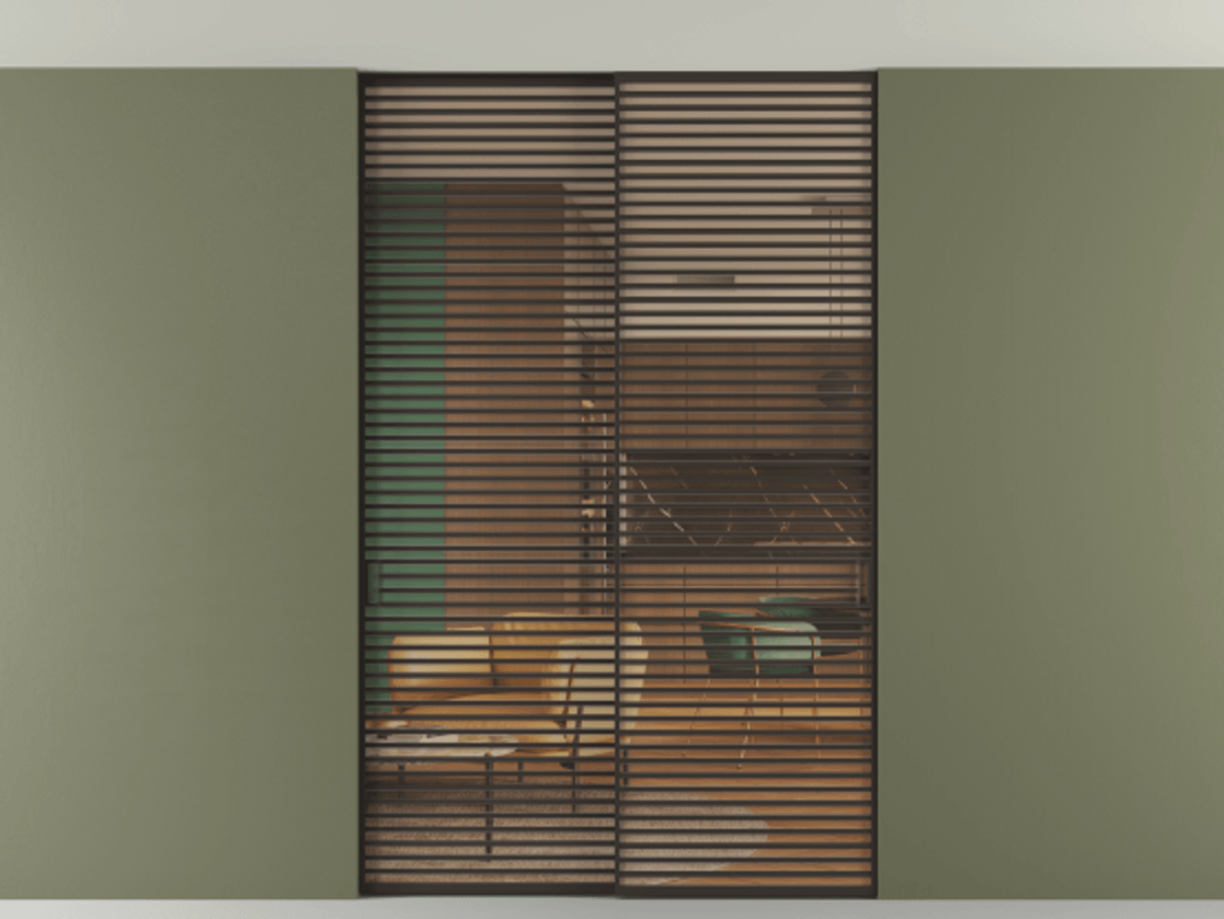 Перегородка Формато внутри проёма скрытое крепление в потолок 2 створки АЛПР 040.07 Алюминий антрацит Прозрачное оранжевое стекло, триплекс Цена 3098957 ₸ | Volhovec