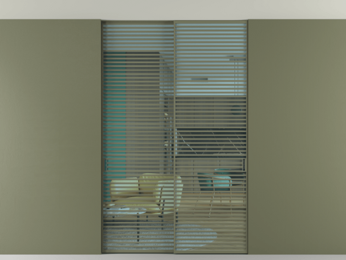 Перегородка Формато внутри проёма скрытое крепление в потолок 2 створки АЛПР 040.07 Алюминий оливковый тёмный Прозрачное голубое стекло, триплекс Цена 3098957 ₸ | Volhovec