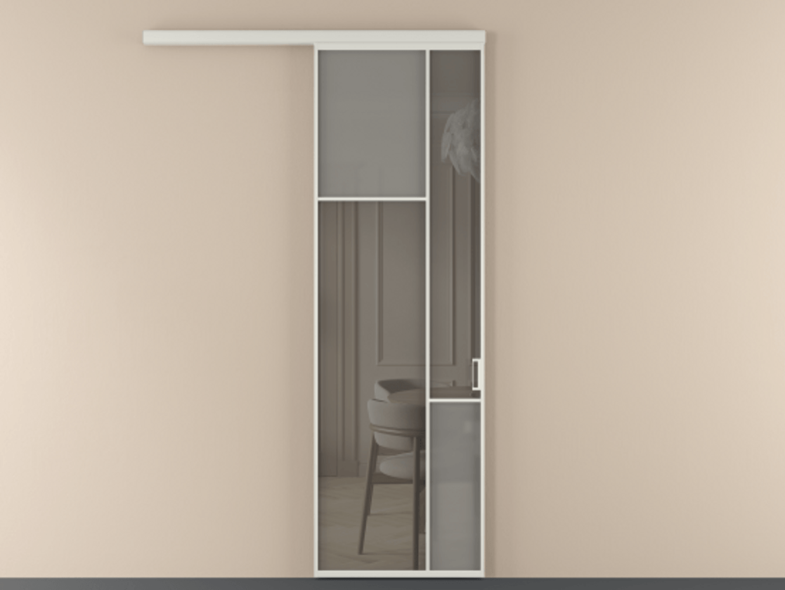 Перегородка Mosaic вдоль стены одностворчатая АЛПР 041.10 Алюминий Белый Сатинированное серое стекло, триплекс, 6 мм + Прозрачное серое стекло, триплекс Цена 819870 ₸ | Volhovec