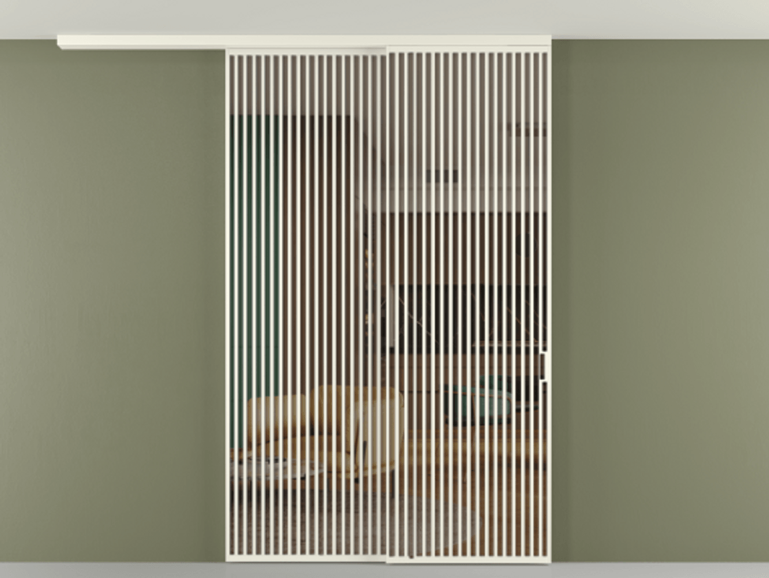 Перегородка Формато вдоль стены на потолок 2 створки с синхронным механизмом АЛПР 040.06 Алюминий жемчужный Прозрачное бронзовое стекло, триплекс Цена 3405447 ₸ | Volhovec