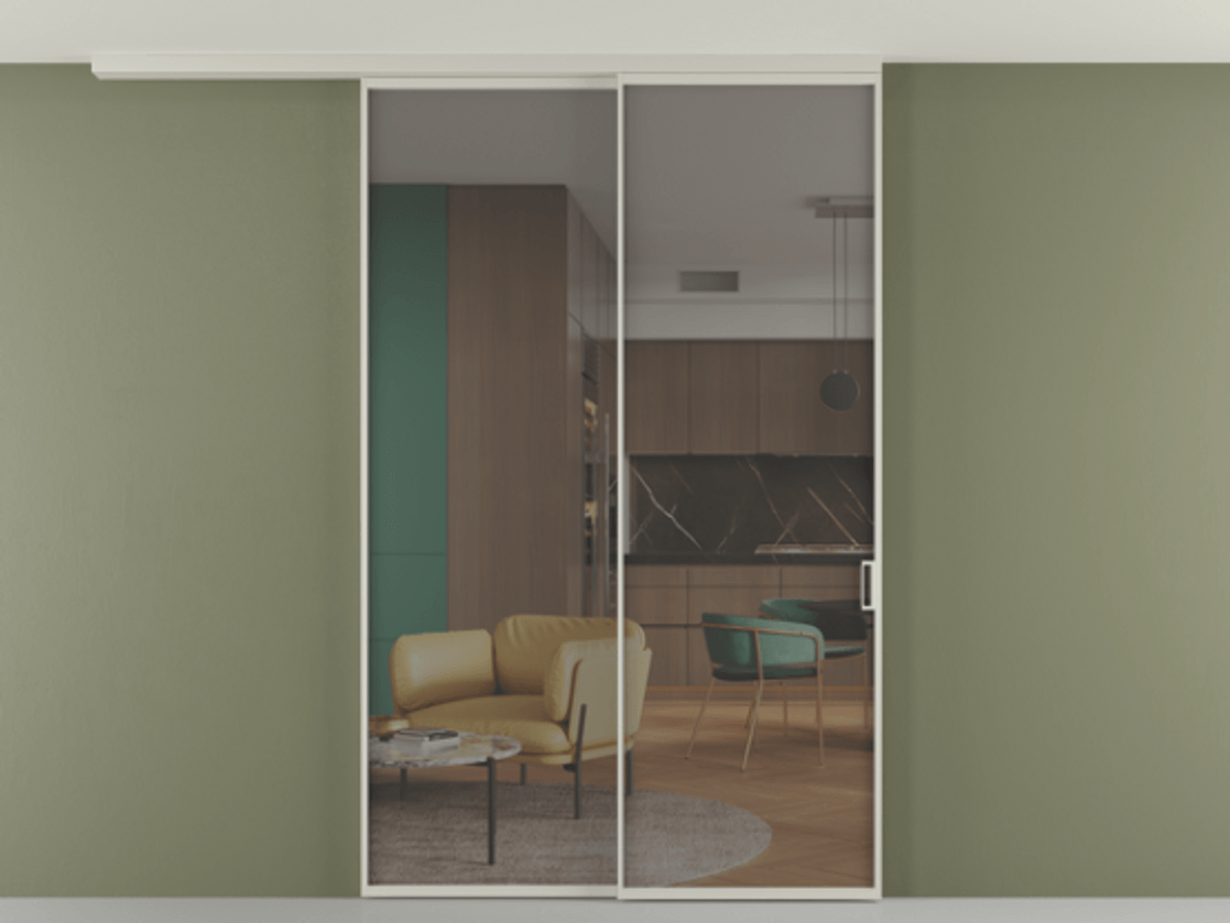 Перегородка Формато вдоль стены на потолок 2 створки с синхронным механизмом АЛПР 040.01 Алюминий тёплый серый Прозрачное серое стекло, триплекс Цена 2261498 ₸ | Volhovec