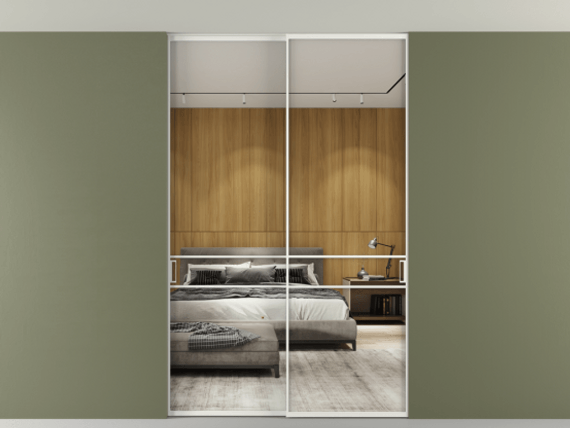 Перегородка Formato внутри проёма скрытое крепление в потолок 2 створки АЛПР 040.02 Алюминий светло-серый Двустороннее зеркало, триплекс , триплекс 6 мм Цена 1876505 ₸ | Volhovec