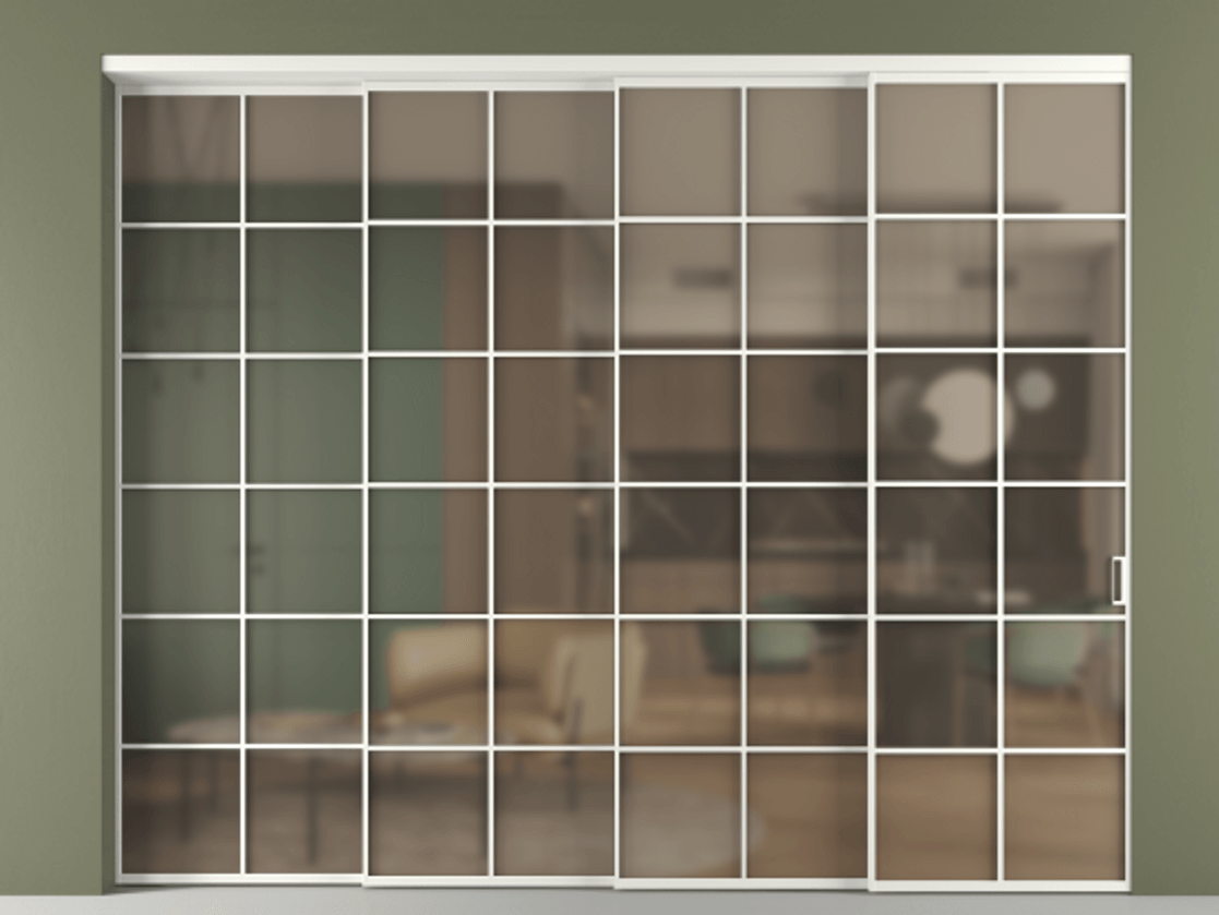 Перегородка Формато внутри проёма 4 створки с синхронным механизмом АЛПР 040.05 Алюминий светло-серый Сатинированное бронзовое стекло, триплекс. Цена 3569076 ₸ 1. Полотно 4 шт. (800/2100 мм)
2. Комплект установки раздвижной системы
3. Базовый комплект фурнитуры
4. Комплект фурнитуры телескопик синхро-3
5. Ручка Рондо. Фабрика дверей Волховец 8 (800) 551 43 19 Перегородка Формато внутри проёма 4 створки с синхронным механизмом АЛПР 040.05 Алюминий светло-серый Сатинированное бронзовое стекло, триплекс Цена 3569076 ₸ | Volhovec