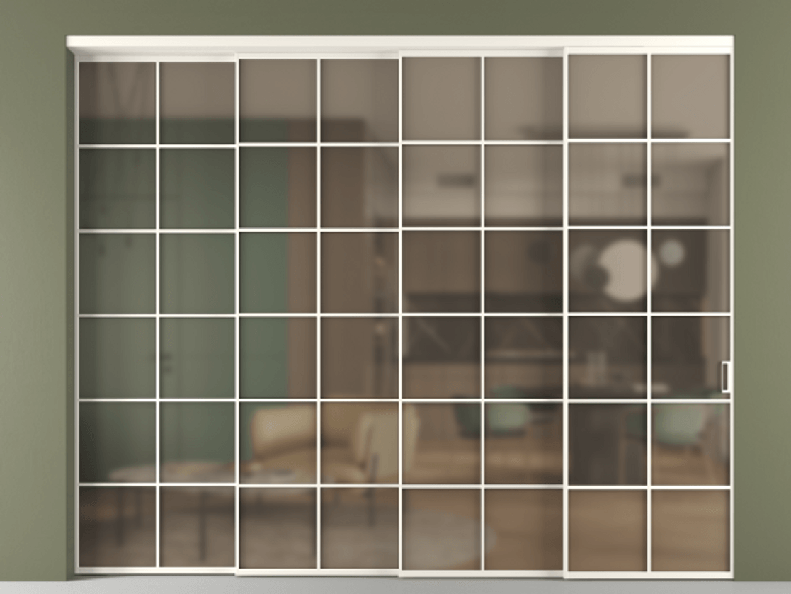 Перегородка Formato внутри проёма 4 створки с синхронным механизмом АЛПР 040.05 Алюминий пудровый белый Сатинированное бронзовое стекло, триплекс. Цена 3569076 ₸ 1. Полотно 4 шт. (800/2100 мм)
2. Комплект установки раздвижной системы
3. Базовый комплект фурнитуры
4. Комплект фурнитуры телескопик синхро-3
5. Ручка RONDO
. Фабрика дверей Волховец 8 (800) 551 43 19 Перегородка Formato внутри проёма 4 створки с синхронным механизмом АЛПР 040.05 Алюминий пудровый белый Сатинированное бронзовое стекло, триплекс Цена 3569076 ₸ | Volhovec