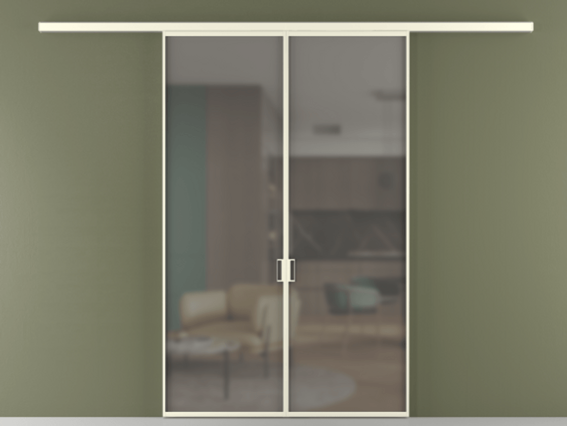 Перегородка Формато вдоль стены 2 створки АЛПР 040.01 Алюминий молочно-белый Сатинированное серое стекло, триплекс Цена 1416366 ₸ | Volhovec