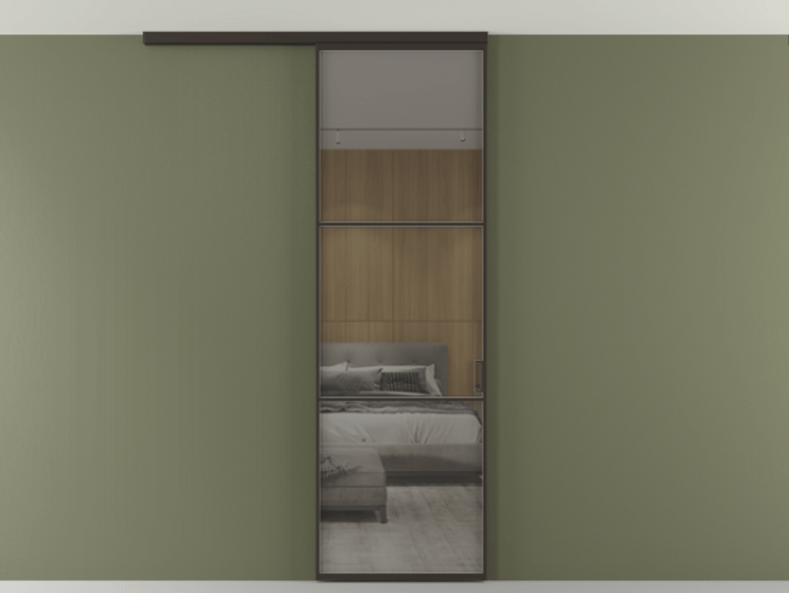 Перегородка Formato вдоль стены на потолок 1 створка АЛПР 040.03 Алюминий антрацит Рефлективное серое стекло "Stopsol", калёное Цена 783180 ₸ | Volhovec