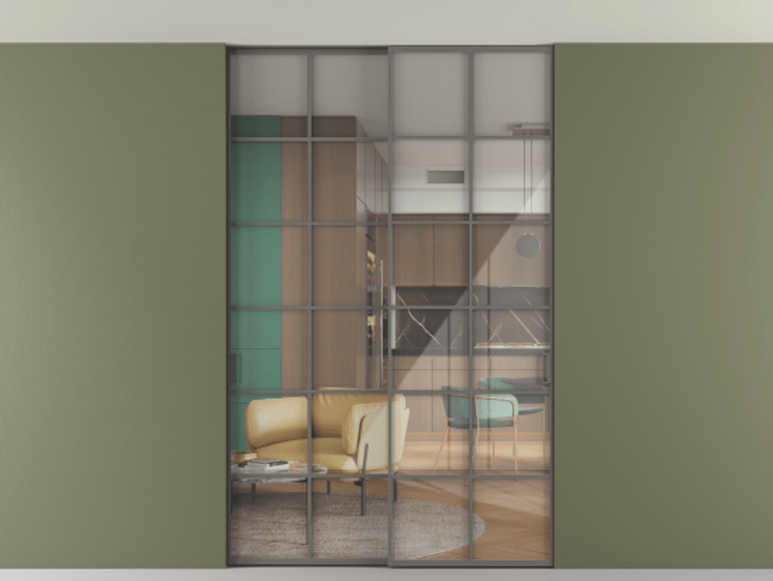 Перегородка Формато внутри проёма скрытое крепление в потолок 2 створки АЛПР 040.05 Алюминий классический серый Рефлективное прозрачное стекло "Стопсол", калёное Цена 2439461 ₸ | Volhovec