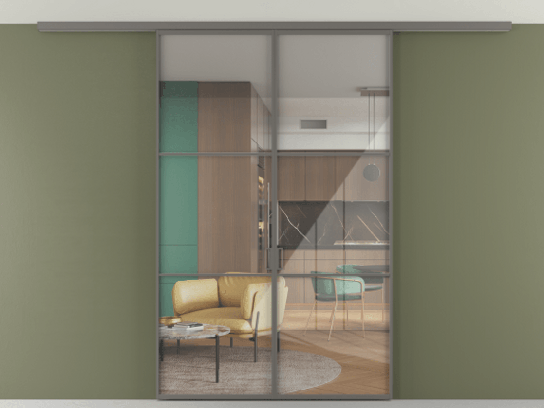 Перегородка Формато вдоль стены на потолок 2 створки АЛПР 040.03 Алюминий классический серый Рефлективное прозрачное стекло "Стопсол", калёное Цена 1570031 ₸ | Volhovec