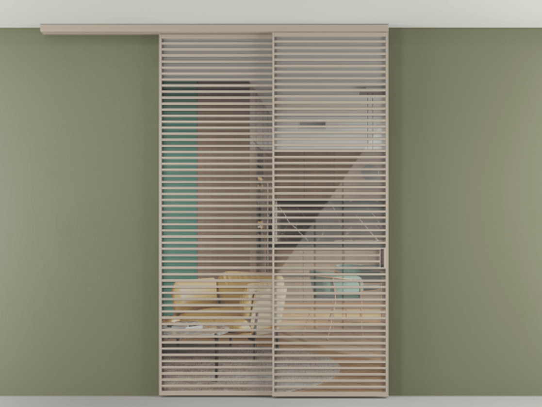 Перегородка Формато вдоль стены на потолок 2 створки с синхронным механизмом АЛПР 040.07 Алюминий бисквитный Рефлективное прозрачное стекло "Стопсол", калёное Цена 3502215 ₸ | Volhovec