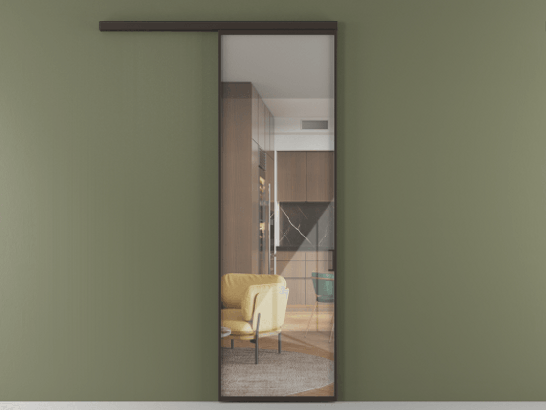 Перегородка Формато вдоль стены 1 створка АЛПР 040.01 Алюминий антрацит Рефлективное прозрачное стекло "Стопсол", калёное Цена 817690 ₸  | Volhovec