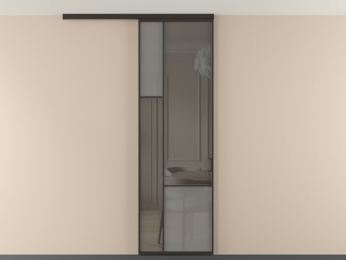 Перегородка Мозаик вдоль стены на потолок 1 створка АЛПР 041.13 Алюминий антрацит Сатинированное серое стекло, триплекс, 6 мм + Прозрачное серое стекло, триплекс Цена 1020902 ₸ | Volhovec