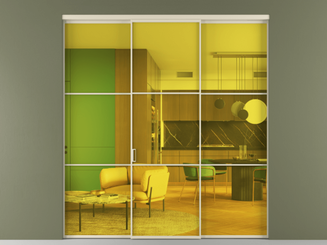 Перегородка Formato внутри проёма 3 створки АЛПР 040.03 Алюминий бежево-серый Прозрачное жёлтое стекло, триплекс Цена 1550900 ₸ | Volhovec