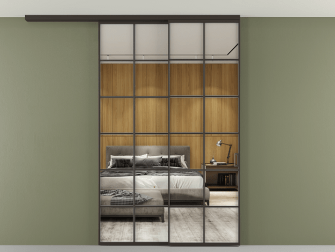 Перегородка Формато вдоль стены на потолок 2 створки с синхронным механизмом АЛПР 040.05 Алюминий антрацит Двустороннее зеркало, триплекс , триплекс 6 мм Цена 2205282 ₸ | Volhovec