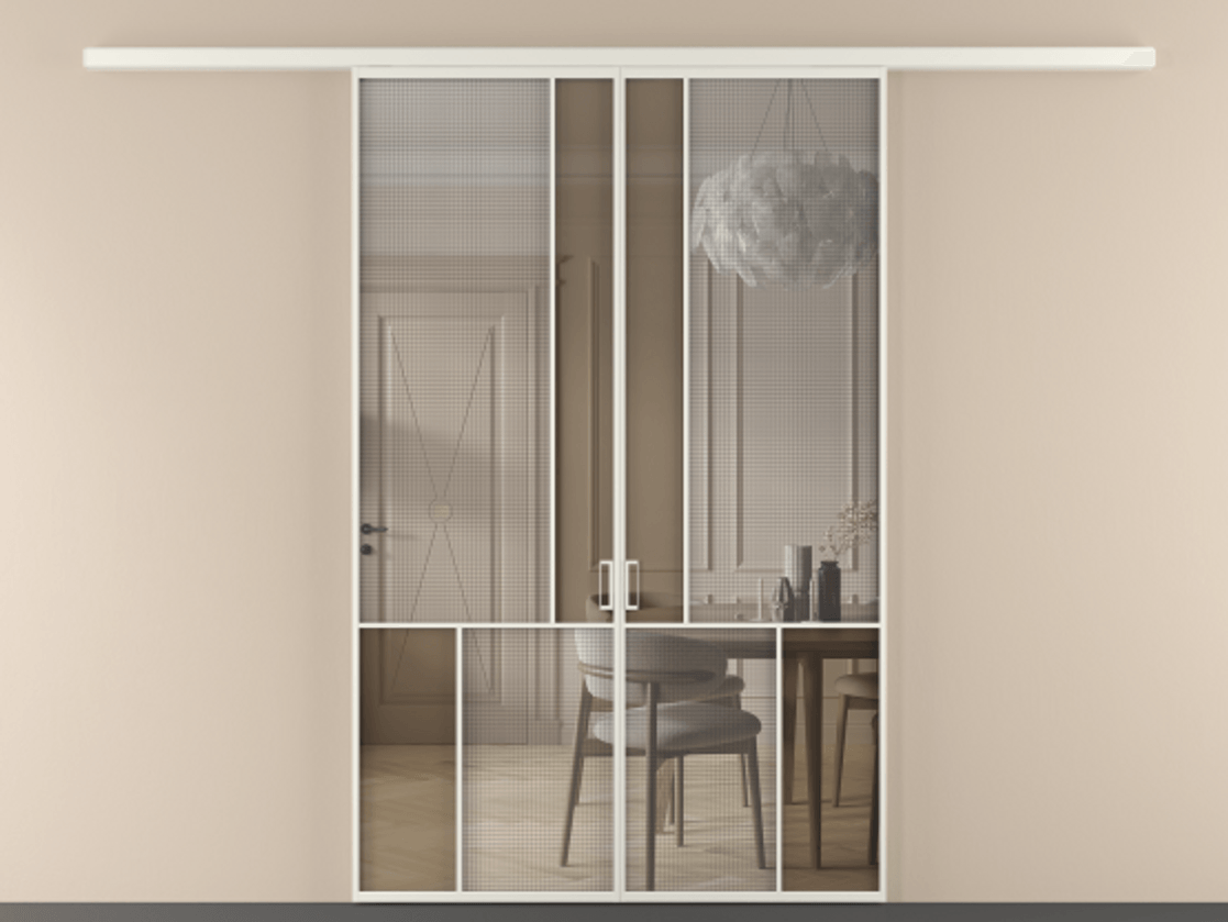 Перегородка Mosaic вдоль стены двустворчатая АЛПР 041.20 Алюминий Белый Mesh silver + Бронза прозрачное триплекс Цена 1569730 ₸ | Volhovec