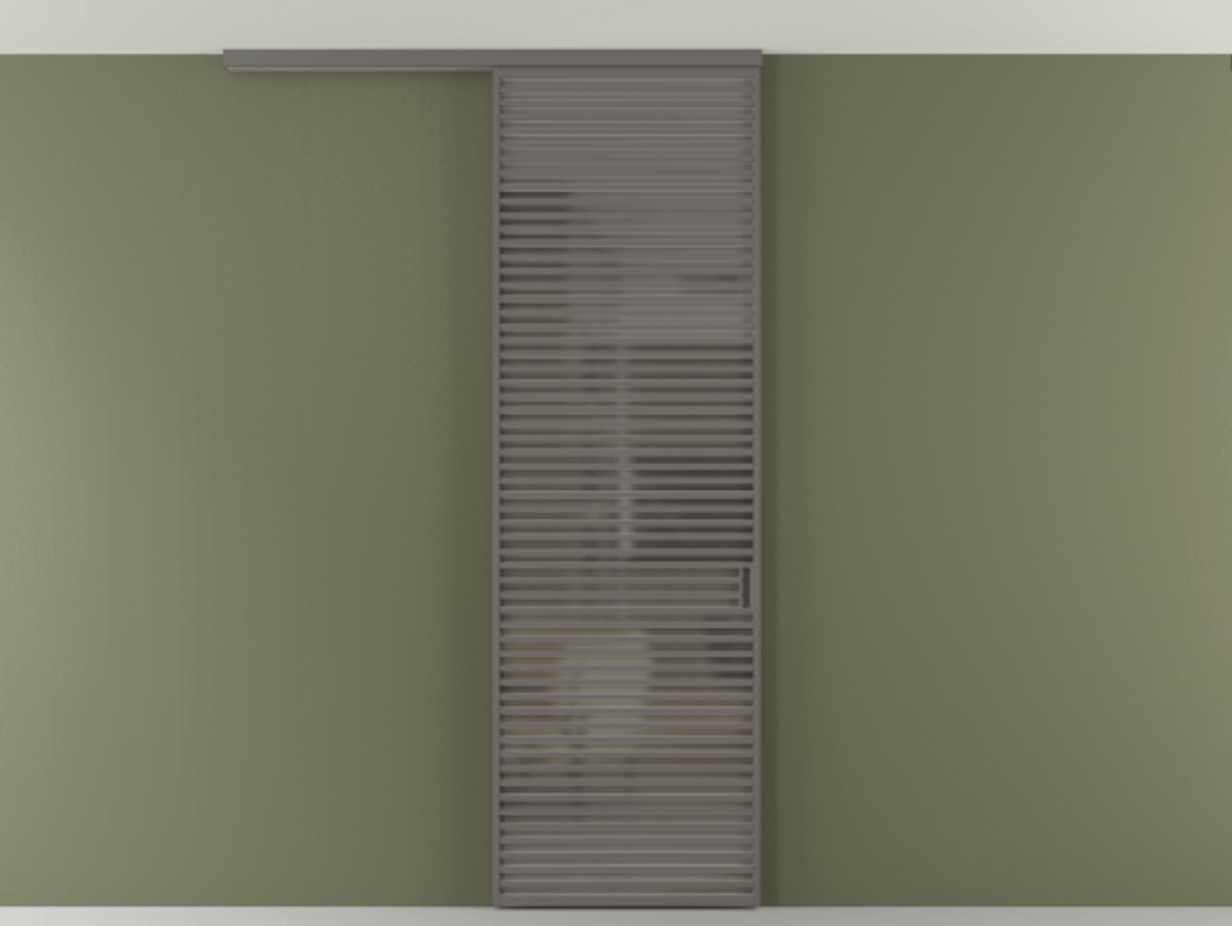 Перегородка Формато вдоль стены на потолок 1 створка АЛПР 040.07 Алюминий классический серый Сатинированное серое стекло, триплекс Цена 1415444 ₸ | Volhovec