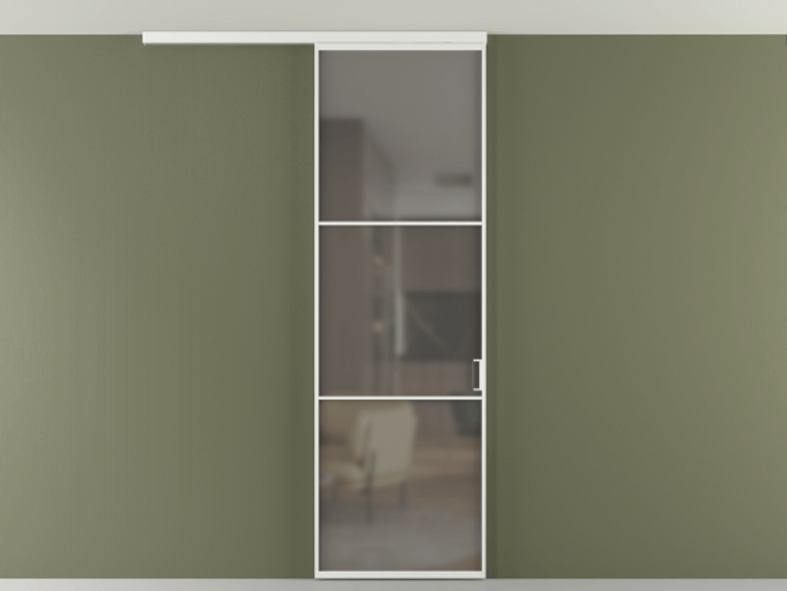 Перегородка Формато вдоль стены на потолок 1 створка АЛПР 040.03 Алюминий белоснежный Сатинированное серое стекло, триплекс Цена 763469 ₸ | Volhovec