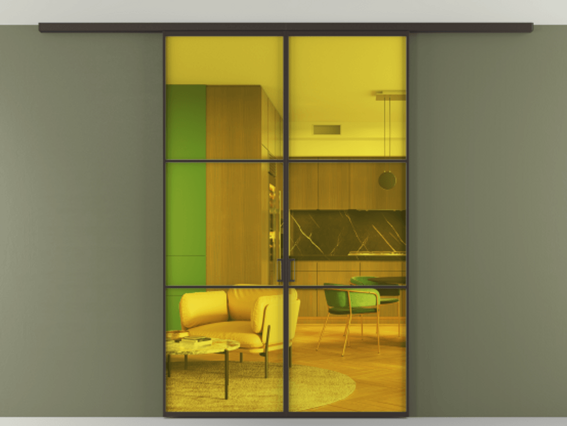 Перегородка Формато вдоль стены на потолок 2 створки АЛПР 040.03 Алюминий антрацит Прозрачное жёлтое стекло, триплекс Цена 1473263 ₸ | Volhovec