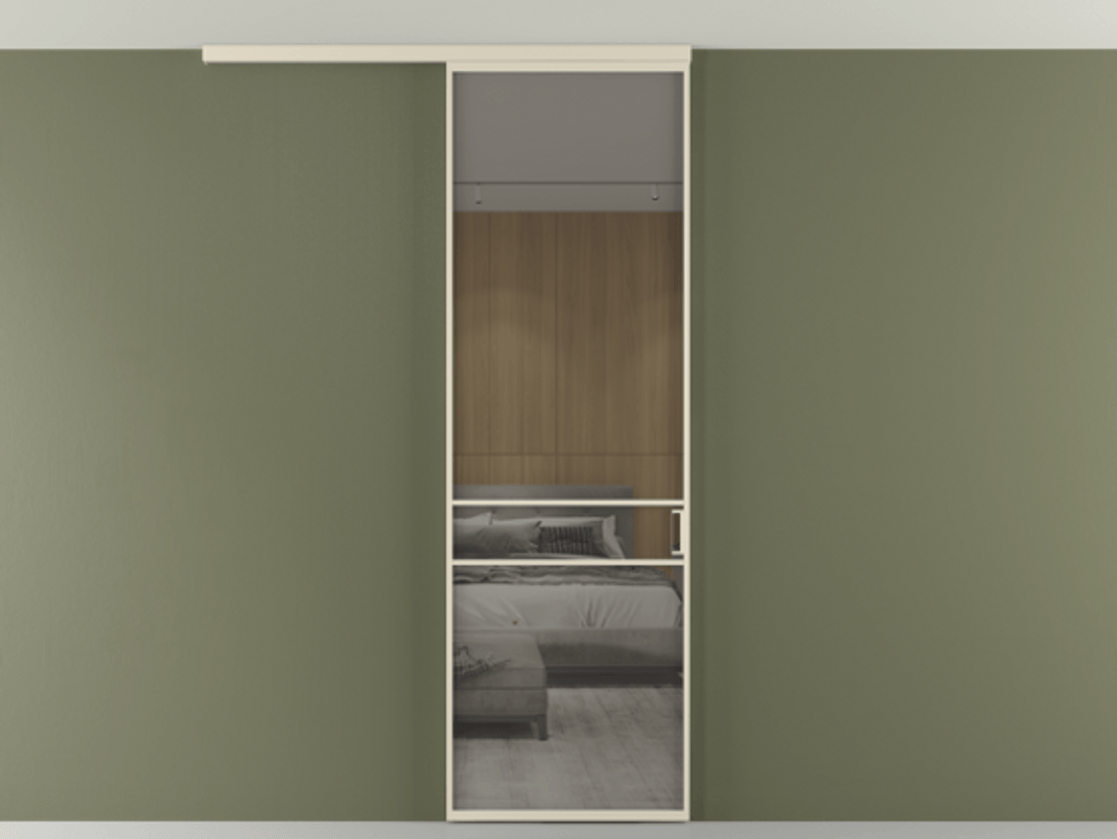 Перегородка Formato вдоль стены на потолок 1 створка АЛПР 040.02 Алюминий бежево-серый Рефлективное серое стекло "Stopsol", калёное Цена 948856 ₸ | Volhovec