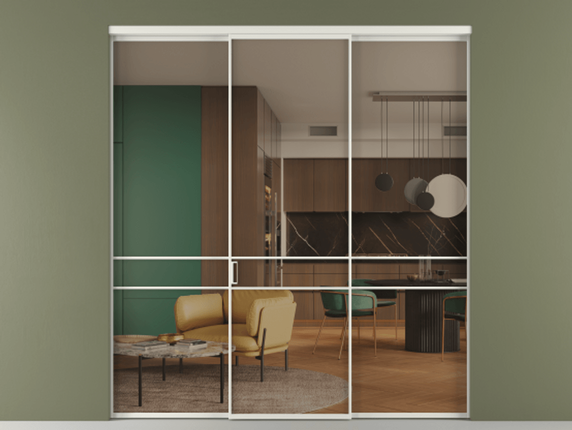 Перегородка Формато внутри проёма 3 створки АЛПР 040.02 Алюминий серый Прозрачное бронзовое стекло, триплекс Цена 1793799 ₸ | Volhovec