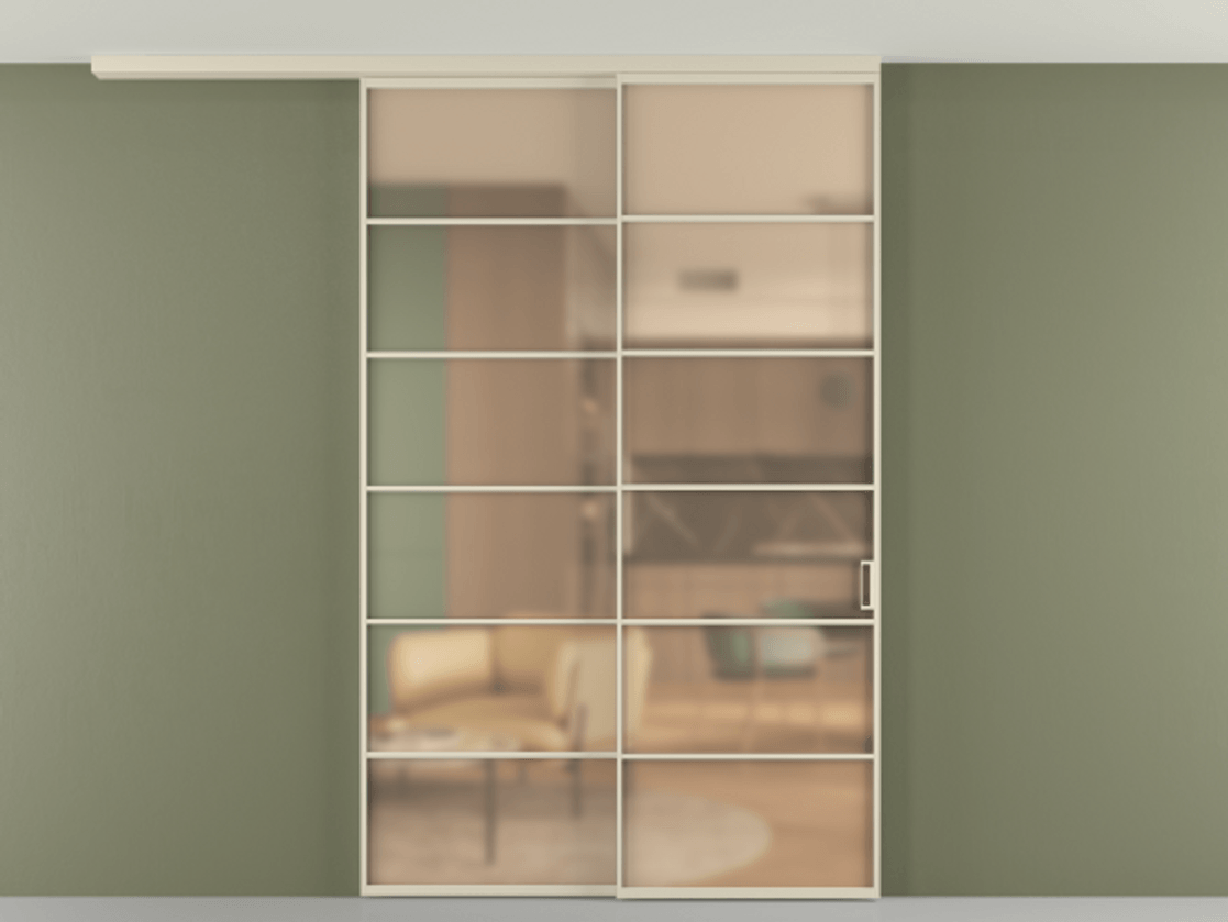 Перегородка Формато вдоль стены на потолок 2 створки с синхронным механизмом АЛПР 040.04 Алюминий бежево-серый Сатинированное оранжевое стекло, триплекс Цена 2205282 ₸ | Volhovec