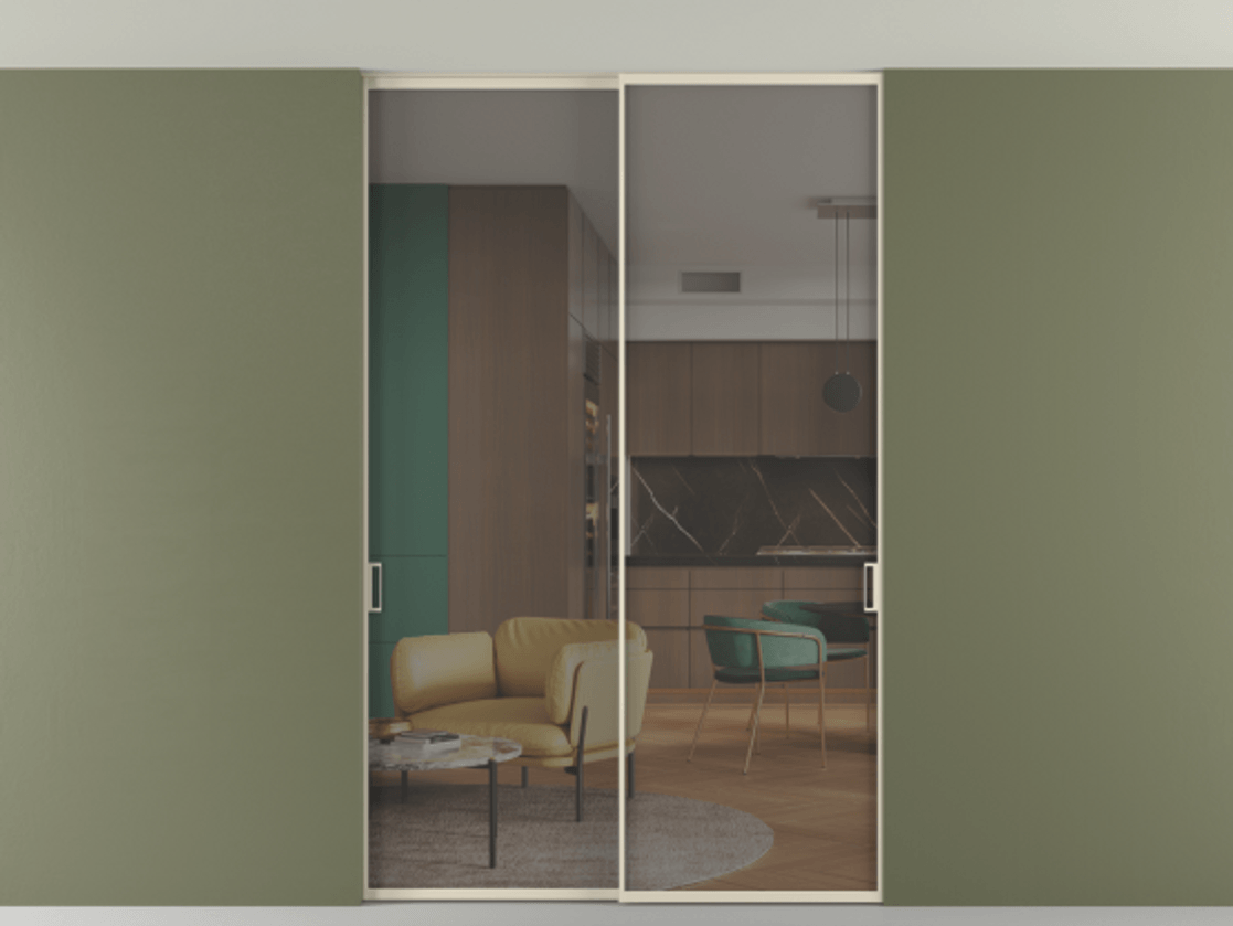 Перегородка Формато внутри проёма скрытое крепление в потолок 2 створки АЛПР 040.01 Алюминий бежево-серый Прозрачное серое стекло, триплекс Цена 1809146 ₸ | Volhovec