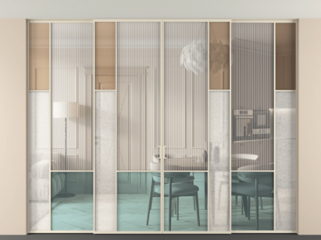 Перегородка Mosaic внутри проёма четырёхстворчатая со скрытым креплением в потолок АЛПР 041.12 Алюминий бежево-серый Комбинация стекол Группы 1 и Группы 3 Цена 3490900 ₸ | Volhovec