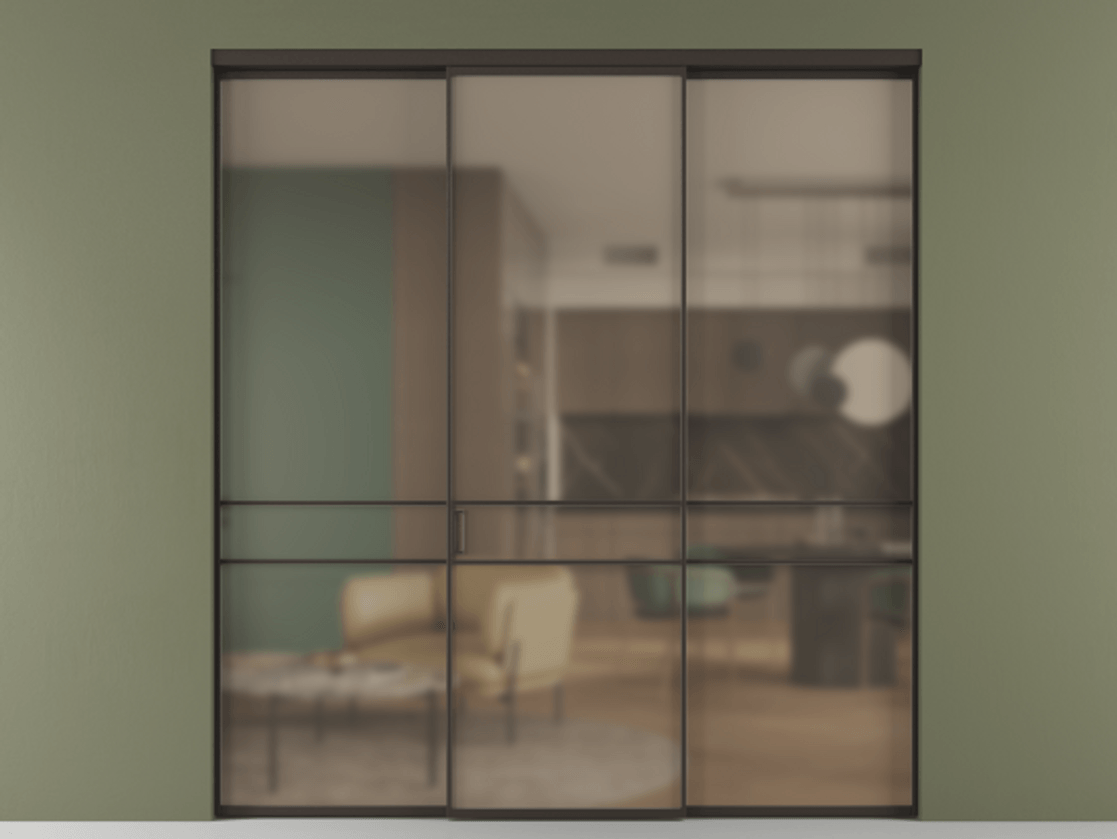 Перегородка Formato внутри проёма 3 створки АЛПР 040.02 Алюминий антрацит Сатинированное бронзовое стекло, триплекс Цена 1550890 ₸ | Volhovec