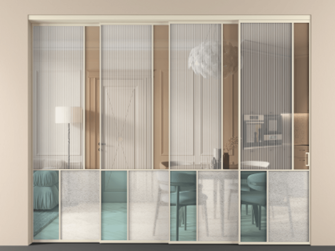 Перегородка Mosaic внутри проёма 4 створки с синхронным механизмом АЛПР 041.21 Алюминий бежево-серый Комбинация стекол Группы 1 и Группы 3 Цена 3815900 ₸ | Volhovec