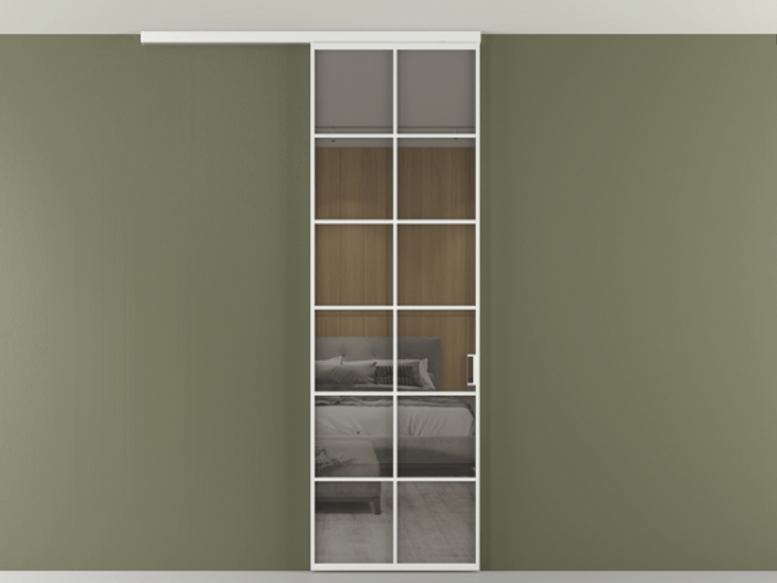 Перегородка Формато вдоль стены на потолок 1 створка АЛПР 040.05 Алюминий белоснежный Рефлективное серое стекло "Стопсол", калёное Цена 863745 ₸ | Volhovec