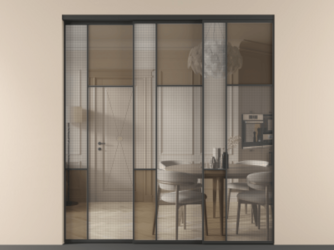 Перегородка Mosaic внутри проема телескопик синхро-3 АЛПР 041.11 Алюминий Черный Mesh silver + Бронза прозрачное триплекс Цена 2521830 ₸ | Volhovec