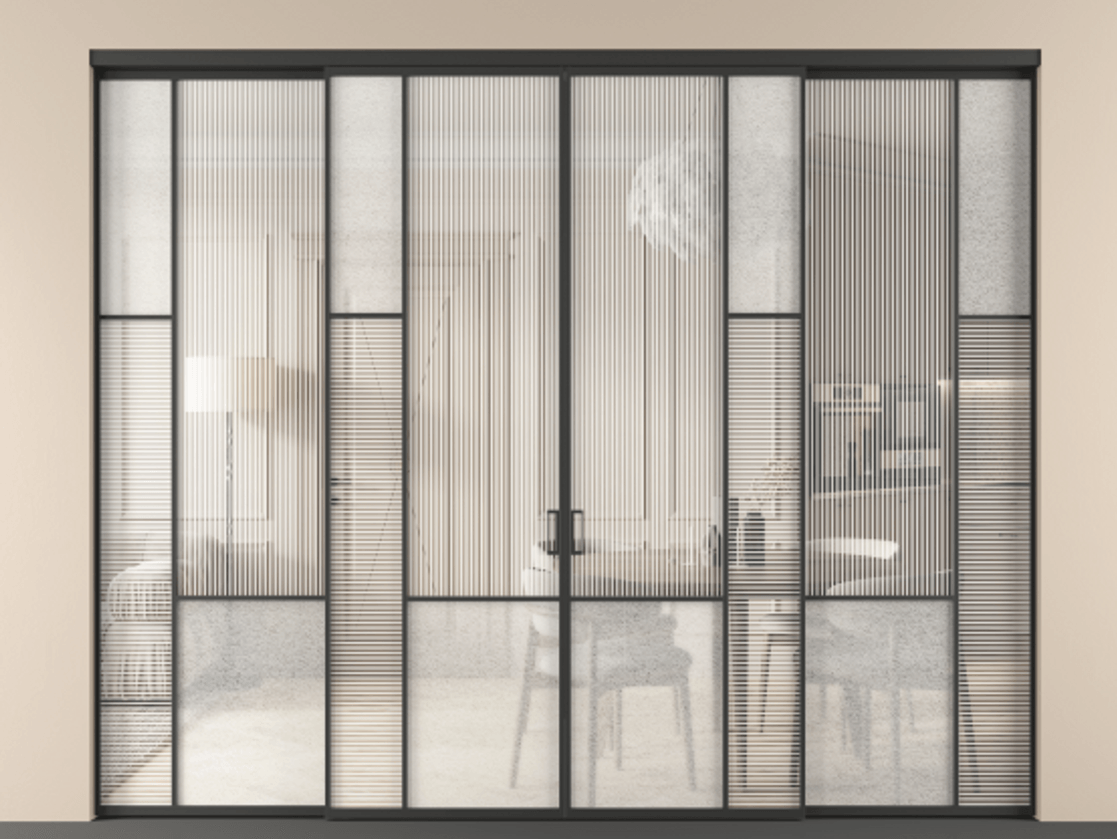 Перегородка Мозаик внутри проёма 4 створки АЛПР 041.12 Алюминий Черный Рифлёное стекло "Дюна", триплекс, 6 мм + Фактурное стекло "Лёд", триплекс. Скрытый короб ЧЕР Цена 3583138 ₸ . Фабрика дверей Волховец 8 (800) 551 43 19 Перегородка Мозаик внутри проёма 4 створки АЛПР 041.12 Алюминий Черный Рифлёное стекло "Дюна", триплекс, 6 мм + Фактурное стекло "Лёд", триплекс Цена 3583138 ₸ | Volhovec