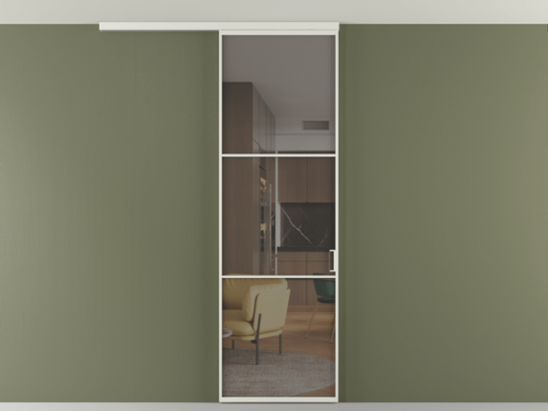 Перегородка Формато вдоль стены на потолок 1 створка АЛПР 040.03 Алюминий серый Прозрачное серое стекло, триплекс Цена 763469 ₸ | Volhovec